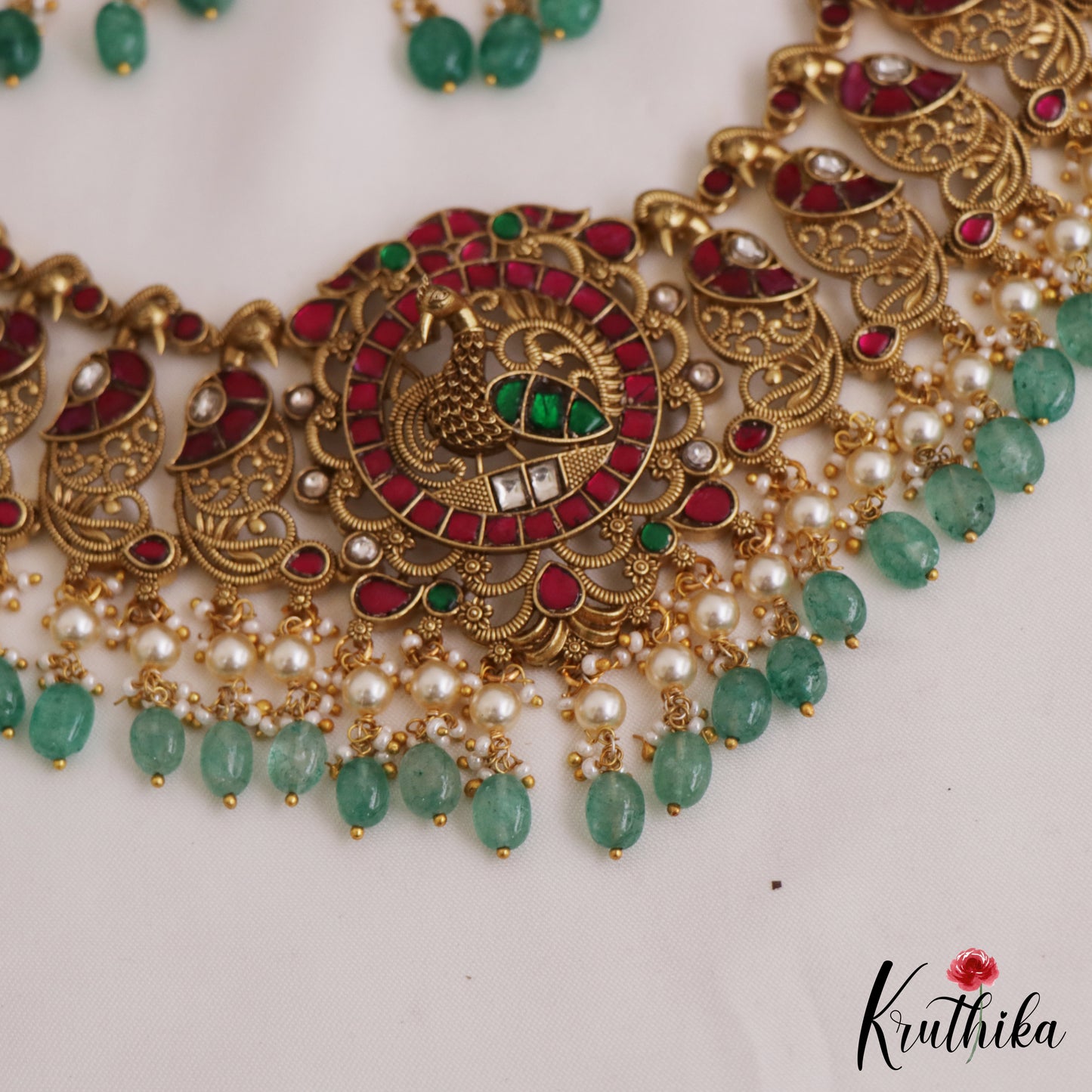 Premium Antique Peacock Motifs Jadau Choker With Green Bead Drops NC2768