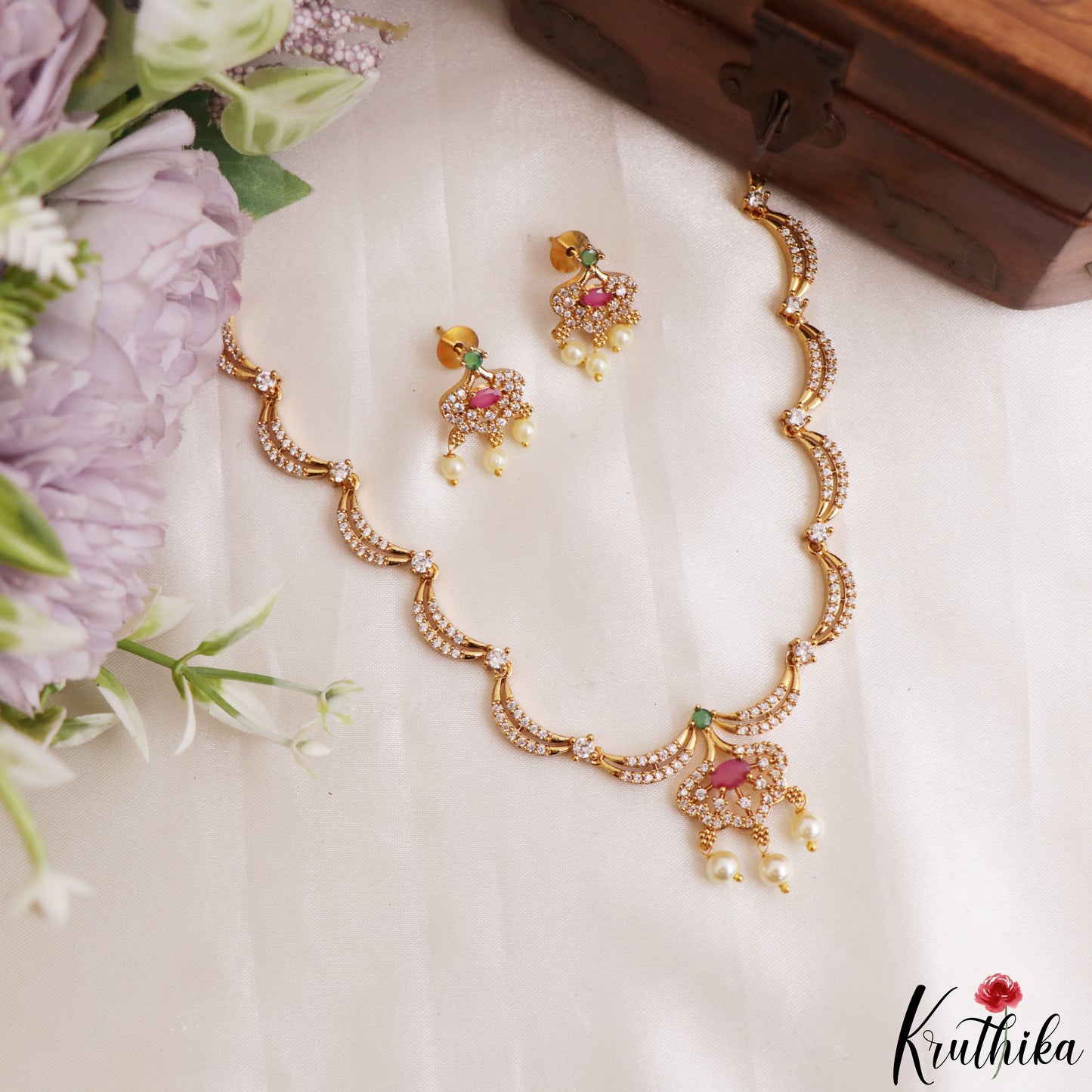 Elegant Floral Motifs CZ Victorian Necklace With Pearl Drops  NC3235 (Available In 4 Colors)