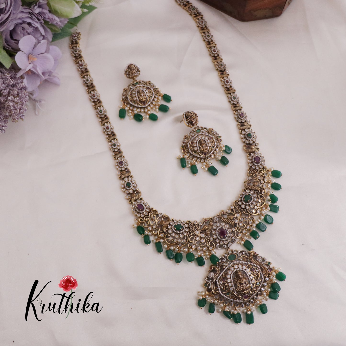 Grand AD Victorian Finish Lakshmi Pendant Haram with Beads Drops LH1982