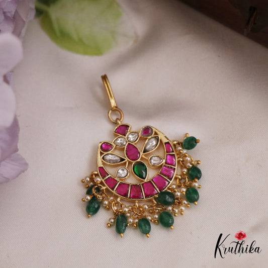 Simple Teardrop Motifs Jadau Maang Tikka With Green Bead Drops MT347