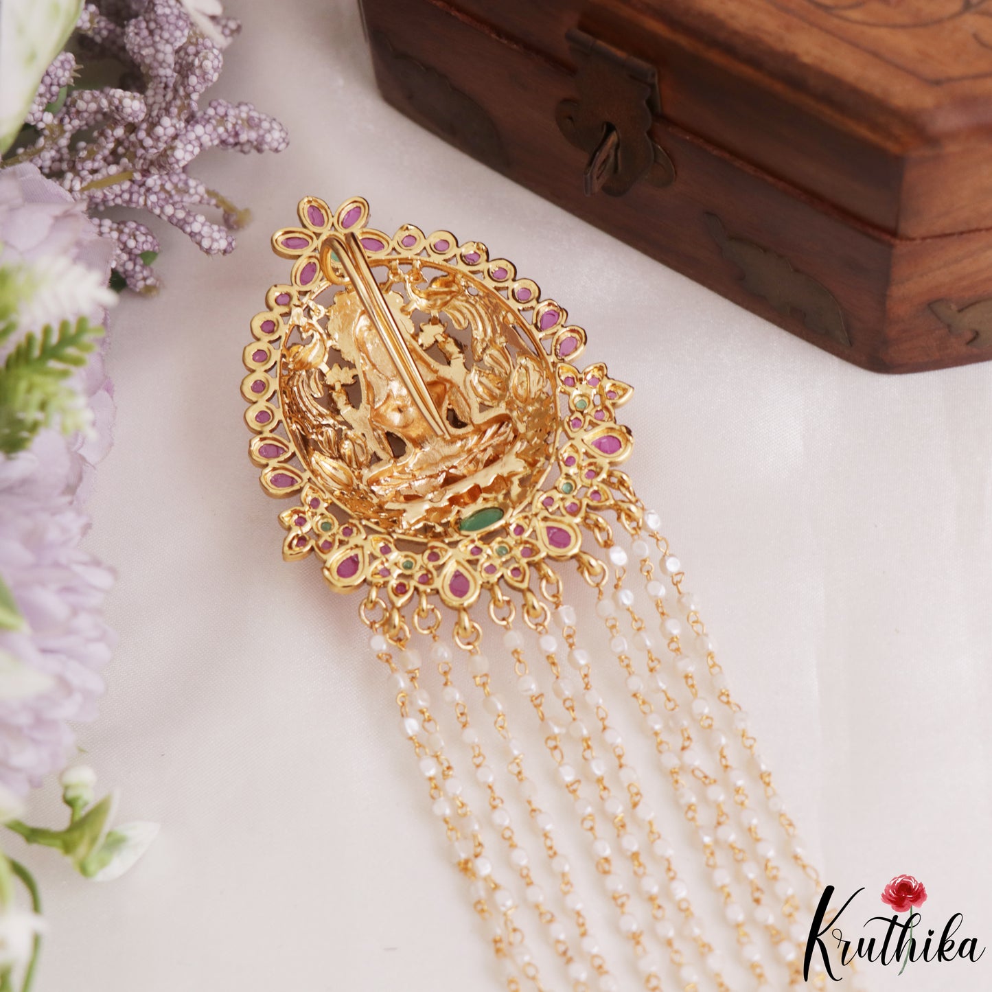 Premium Antique Nagas Lakshmi Motifs Multi Pearl Strand Kemp Jada Billa With Golden Bead Drops J420