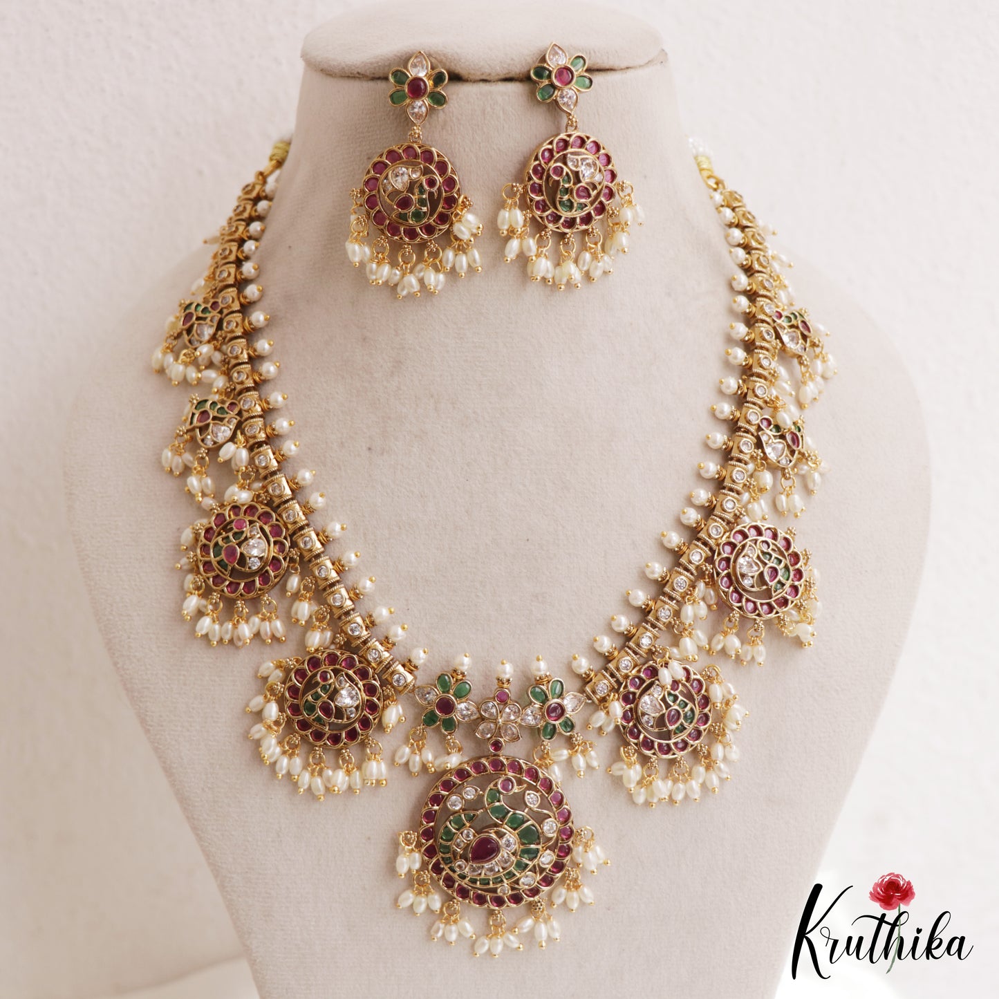Stunning Peacock Floral Motifs Jadau Necklace With Rice Pearl Drops NC3134