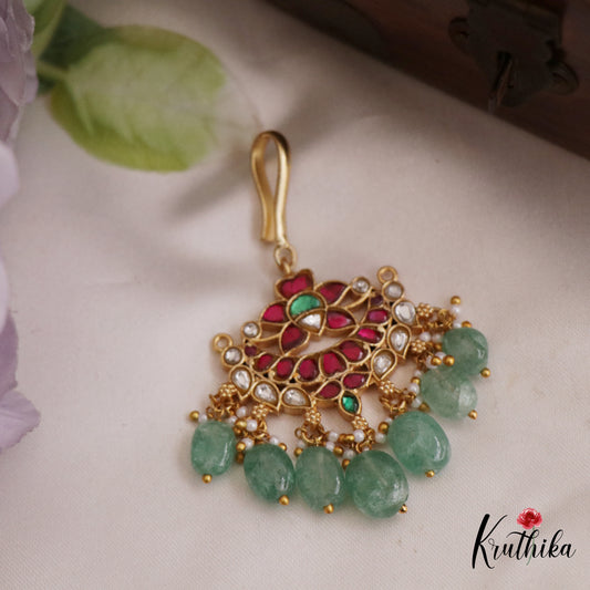 Classic Floral Motifs Kemp Maang Tikka With Green Bead Drops MT355