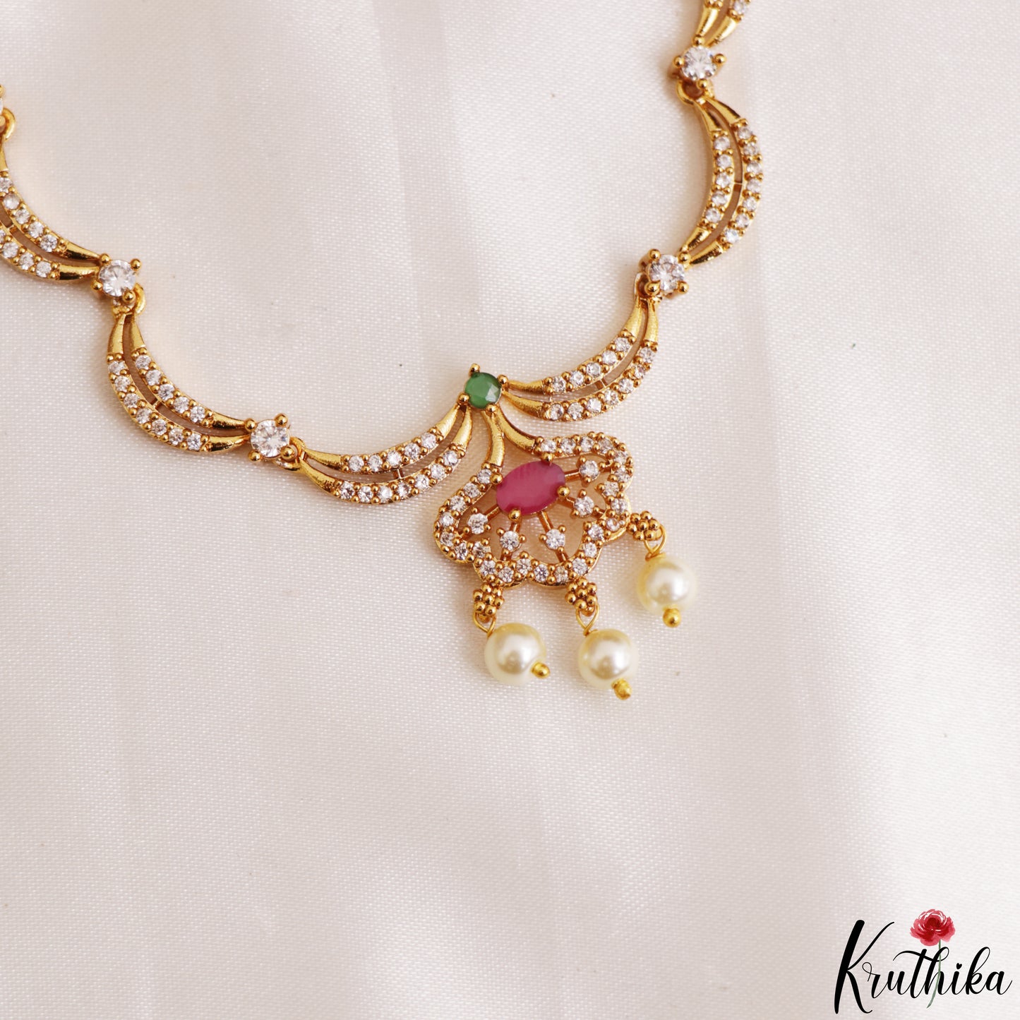 Elegant Floral Motifs CZ Victorian Necklace With Pearl Drops  NC3235 (Available In 4 Colors)