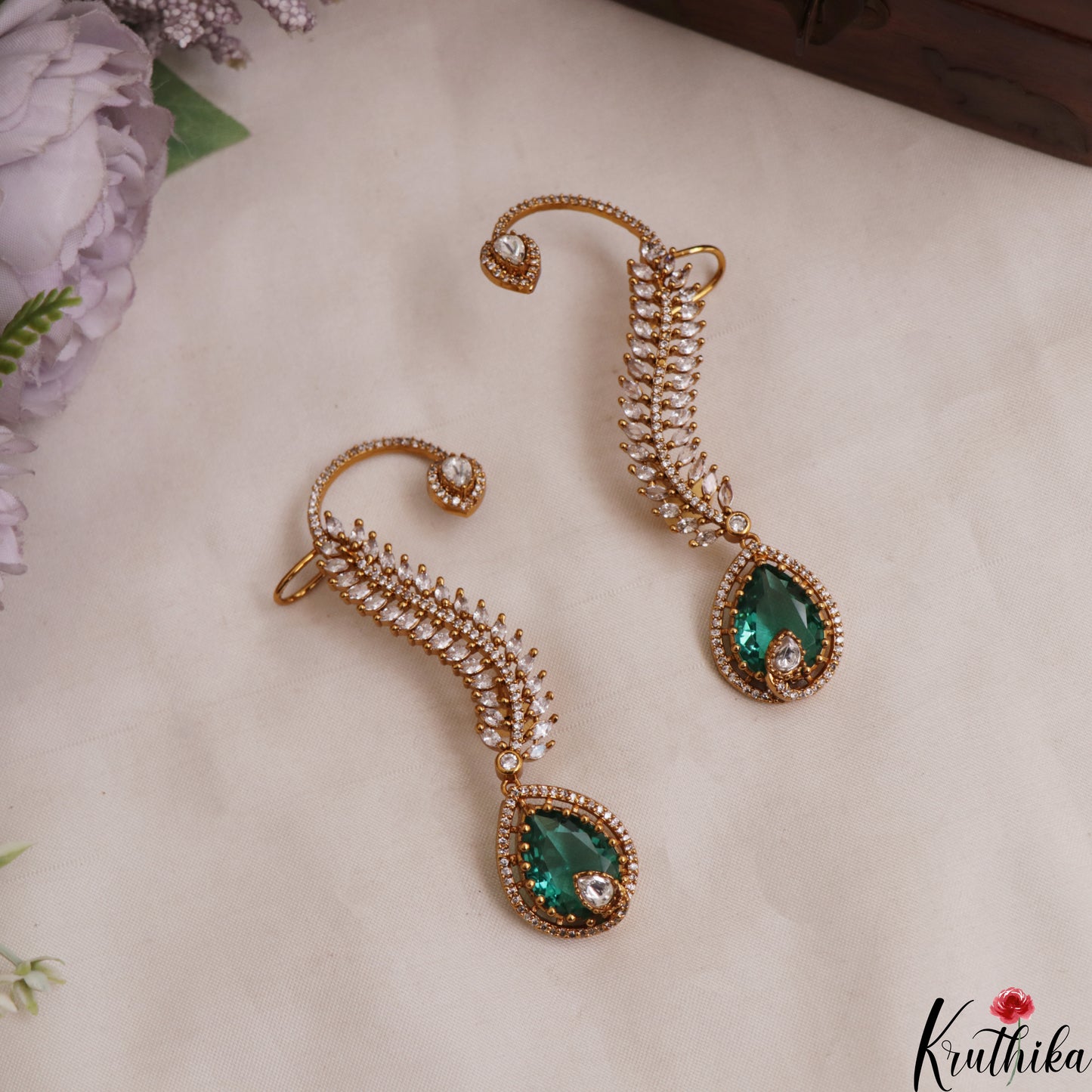 Gorgeous Leaf Teardrop Motifs CZ Victorian Ear Cuff E1138 (Available In 8 Colors)