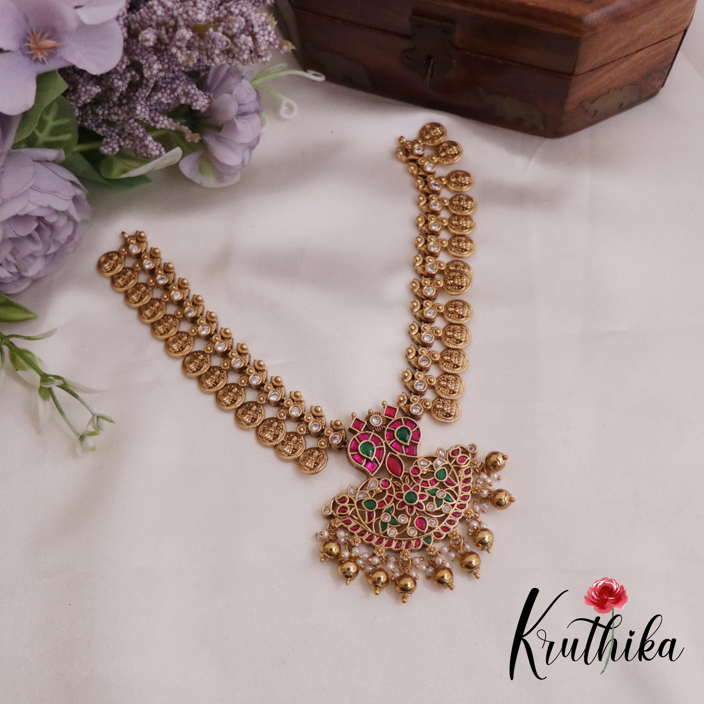 Elegant Jadau Peacock Kasu Necklace with Beads Drops NC2358 (Available in 2 Colours)