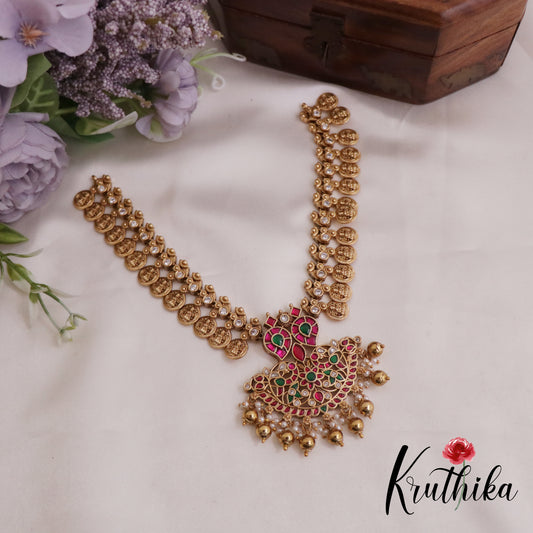Elegant Jadau Peacock Kasu Necklace with Beads Drops NC2358 (Available in 2 Colours)