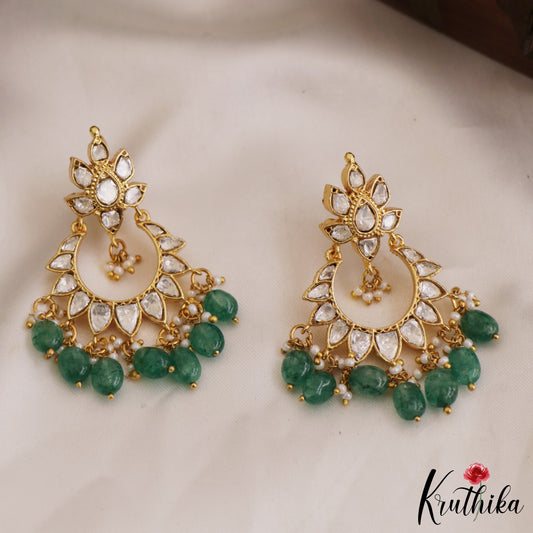 Beautiful Floral Chandbali Earrings With Green Bead Drops E879