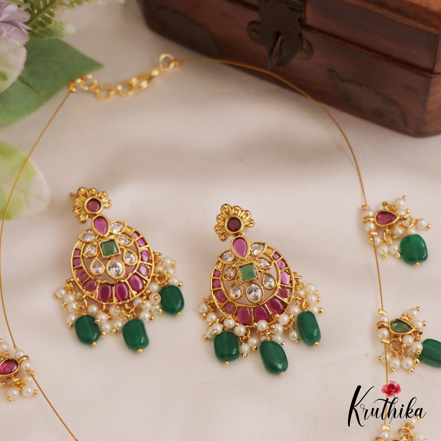 Beautiful Floral Motifs Chandbali Jadau Invisible Chain With Green Bead Drops NC2743