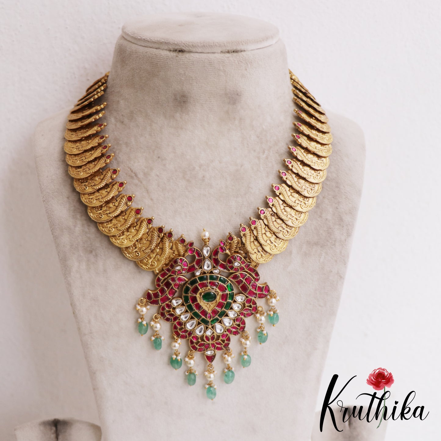 Traditional Peacock Motifs Antique Lakshmi Kasu Jadau Necklace With Green Bead Drops NC2884