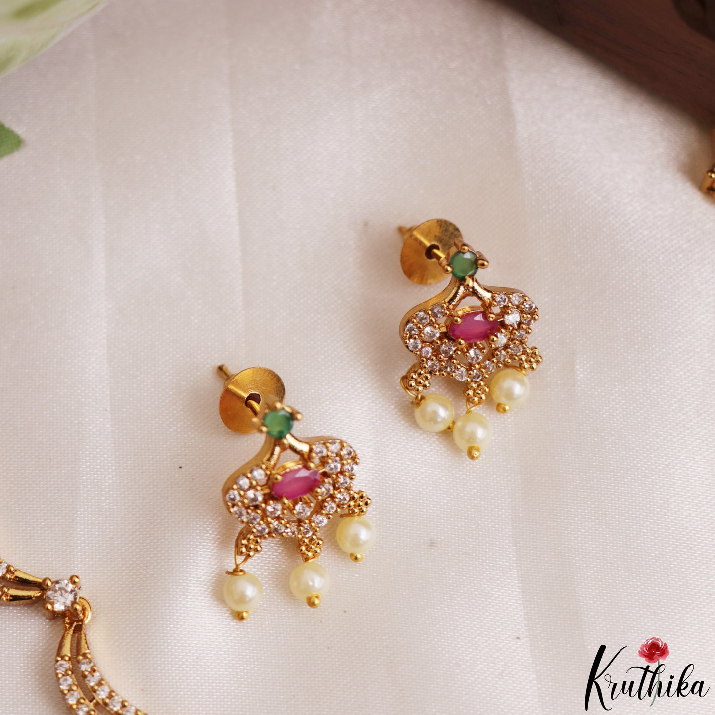 Elegant Floral Motifs CZ Victorian Necklace With Pearl Drops  NC3235 (Available In 4 Colors)