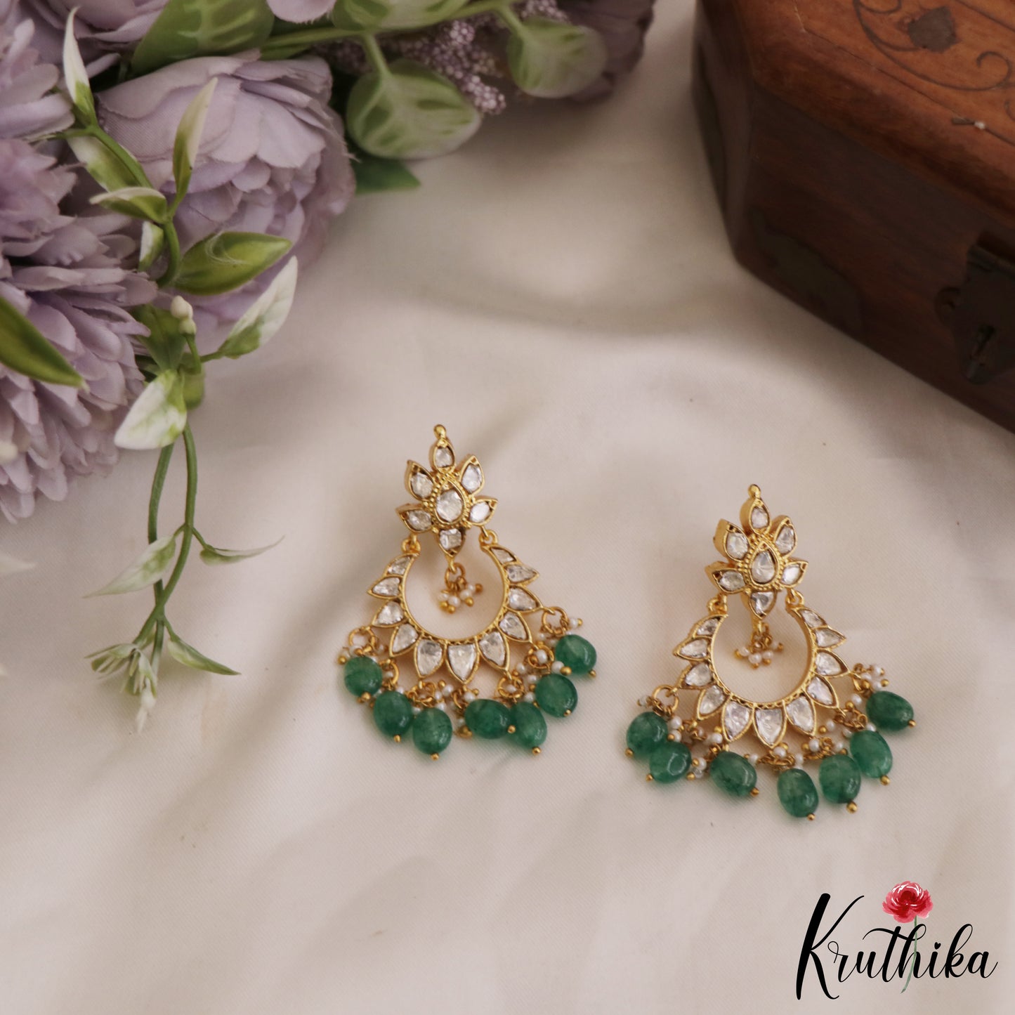 Beautiful Floral Chandbali Earrings With Green Bead Drops E879