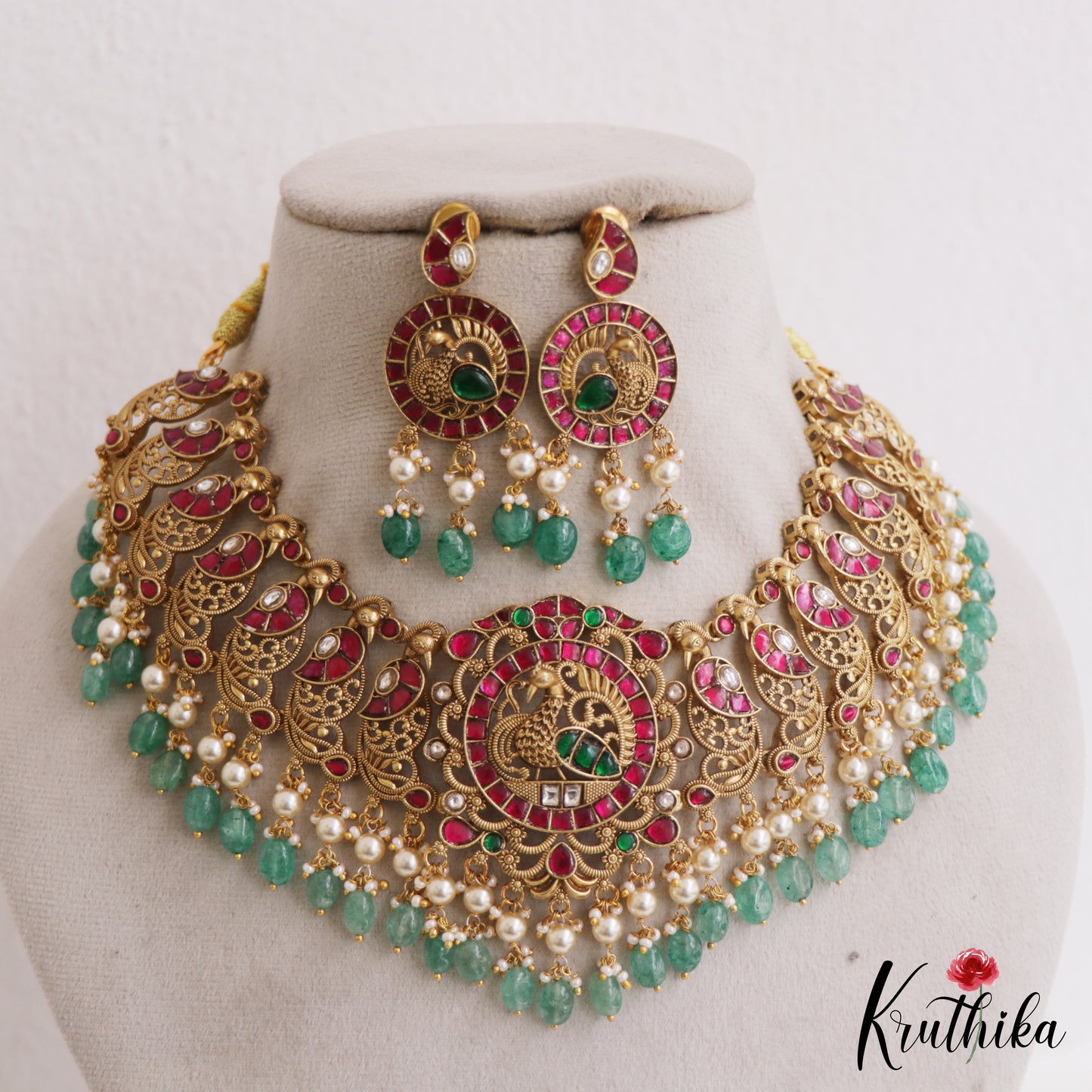 Premium Antique Peacock Motifs Jadau Choker With Green Bead Drops NC2768