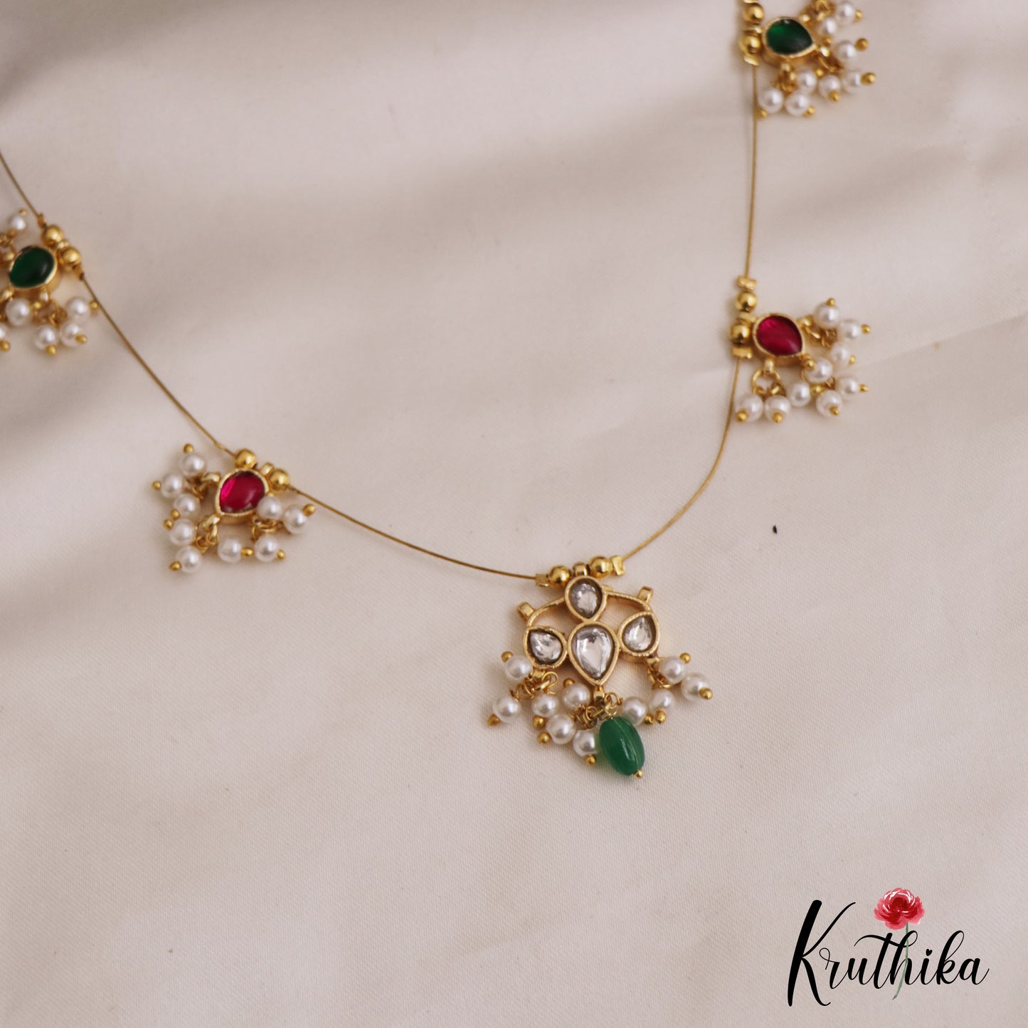 Simple Teardrop Motifs Jadau Invisible Chain With Pearl Drops NC2719 (Available In 4 Colors)