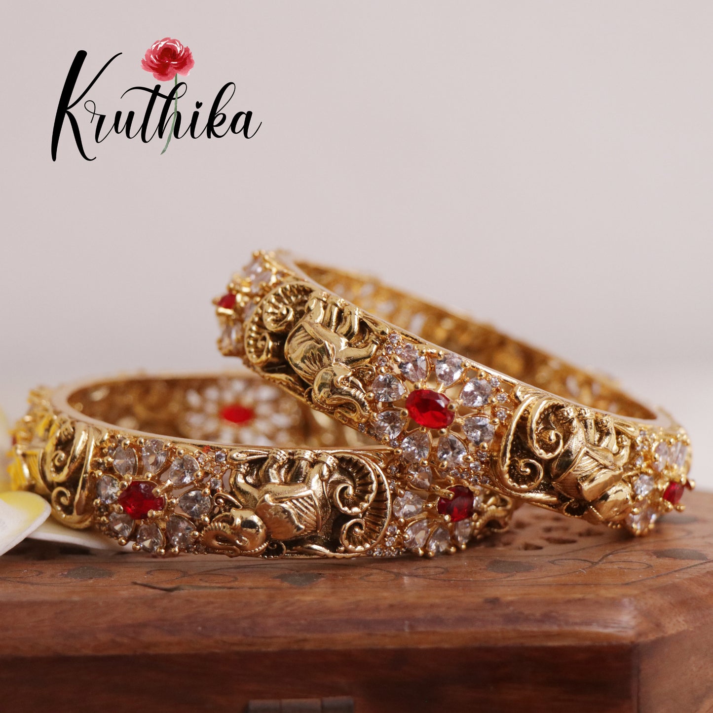 Traditional  AD Temple Kada bangles - Ruby  B179