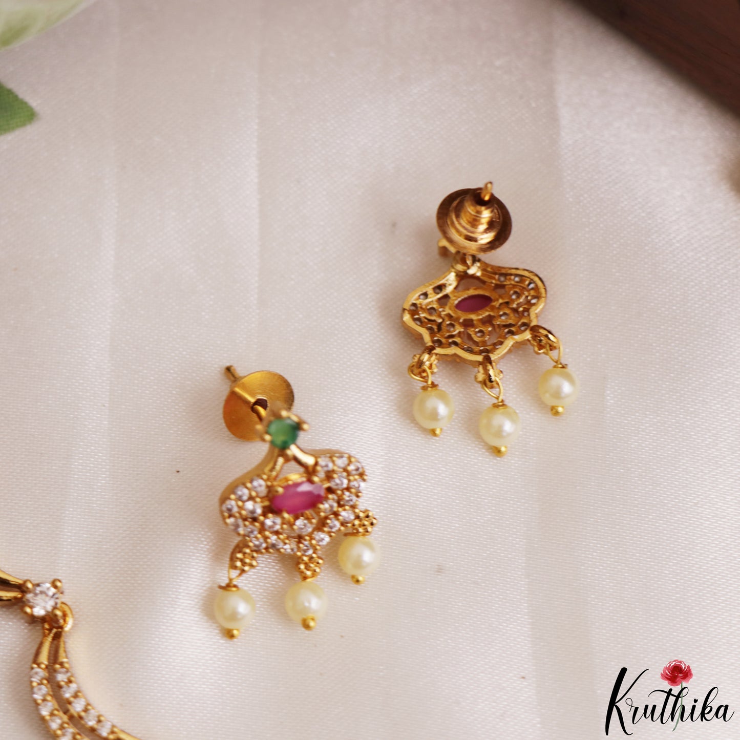 Elegant Floral Motifs CZ Victorian Necklace With Pearl Drops  NC3235 (Available In 4 Colors)