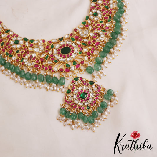 Gorgeous Floral Peacock Motifs Guttapoosalu Jadau Necklace With Green Bead Drops NC2885