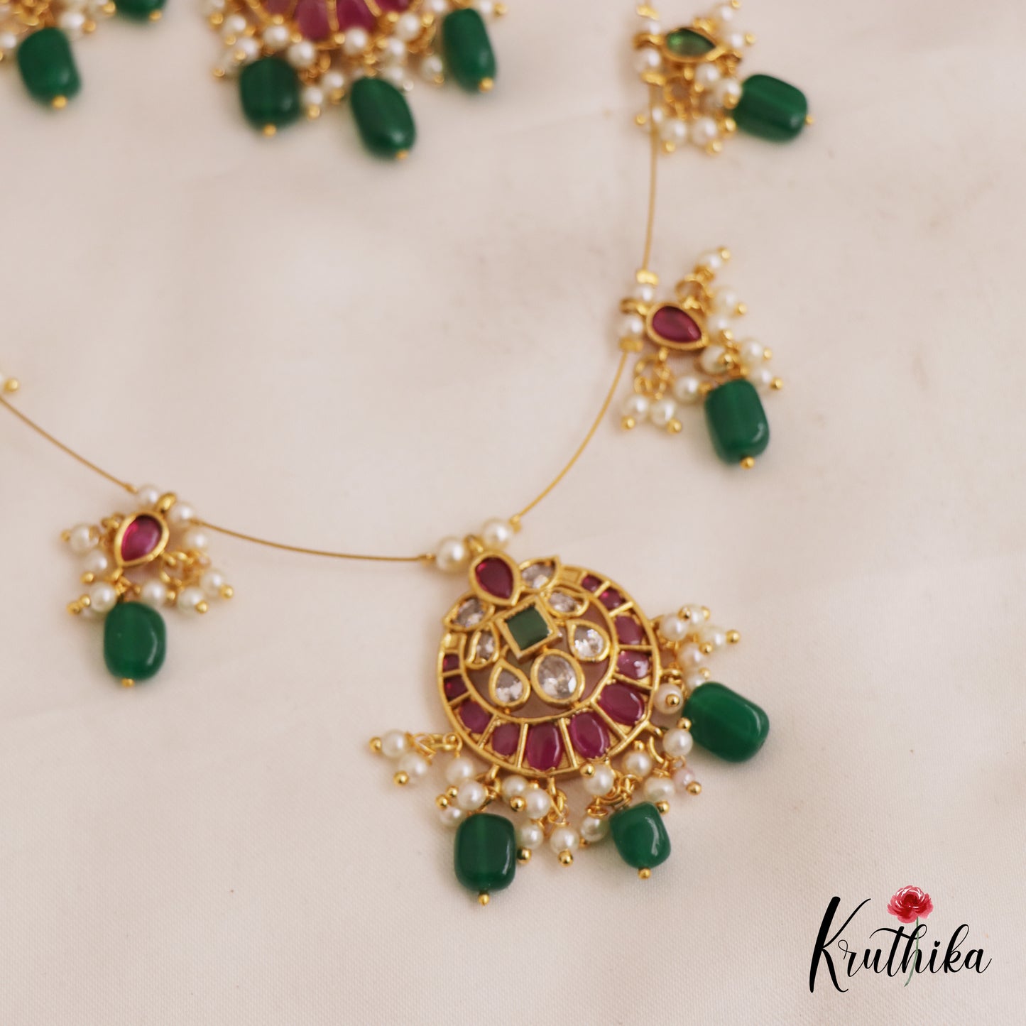 Beautiful Floral Motifs Chandbali Jadau Invisible Chain With Green Bead Drops NC2743