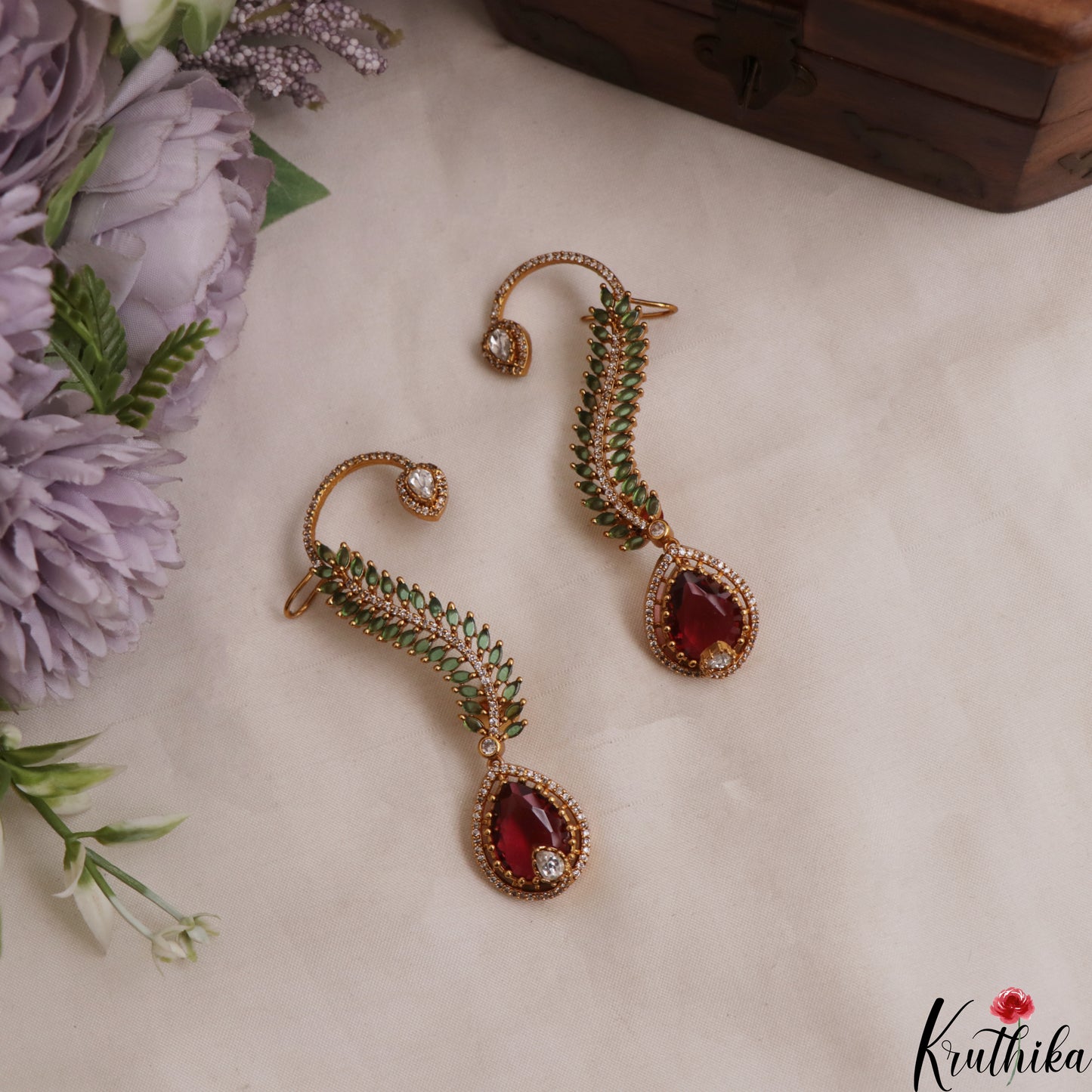 Gorgeous Leaf Teardrop Motifs CZ Victorian Ear Cuff E1138 (Available In 8 Colors)