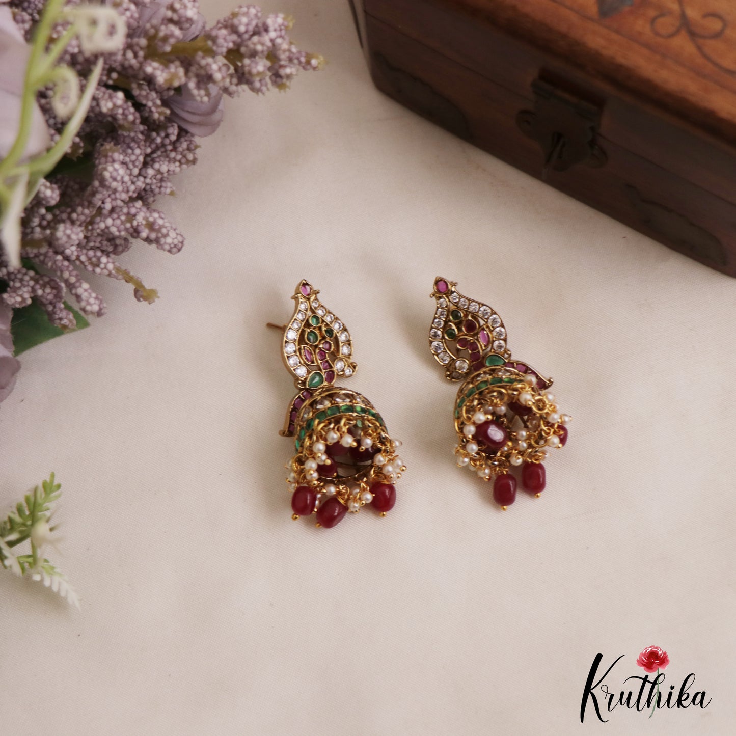 Elegant Peacock Motifs Kemp Jhumkas With Pearl Bead Drops E1128 (Available In 2 Colors)