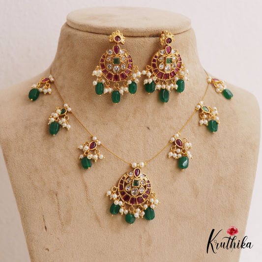 Beautiful Floral Motifs Chandbali Jadau Invisible Chain With Green Bead Drops NC2743