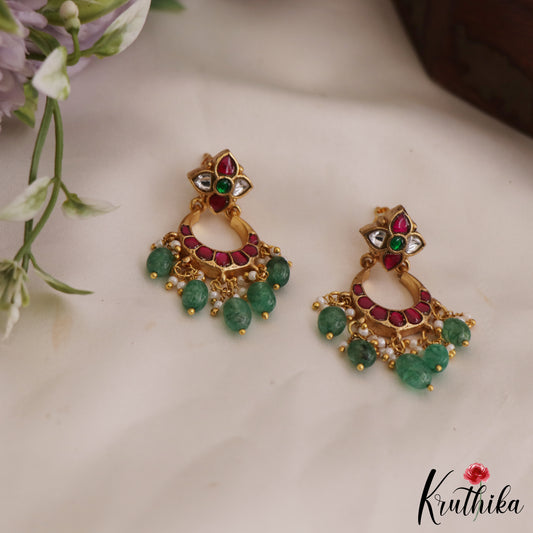 Classic Floral Chandbali Kemp Earrings With Green Bead Drops E880