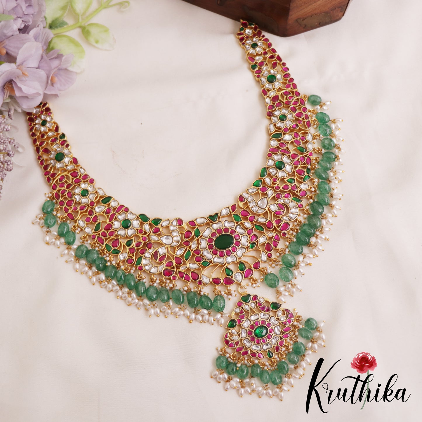 Gorgeous Floral Peacock Motifs Guttapoosalu Jadau Necklace With Green Bead Drops NC2885