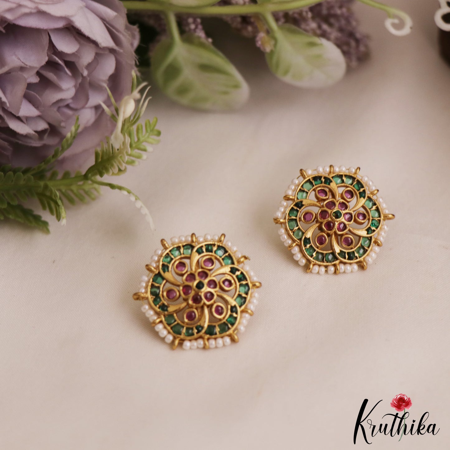 Pretty Pearl Border Floral Motifs Stud Earrings E1067 (Available In 3 Colors)