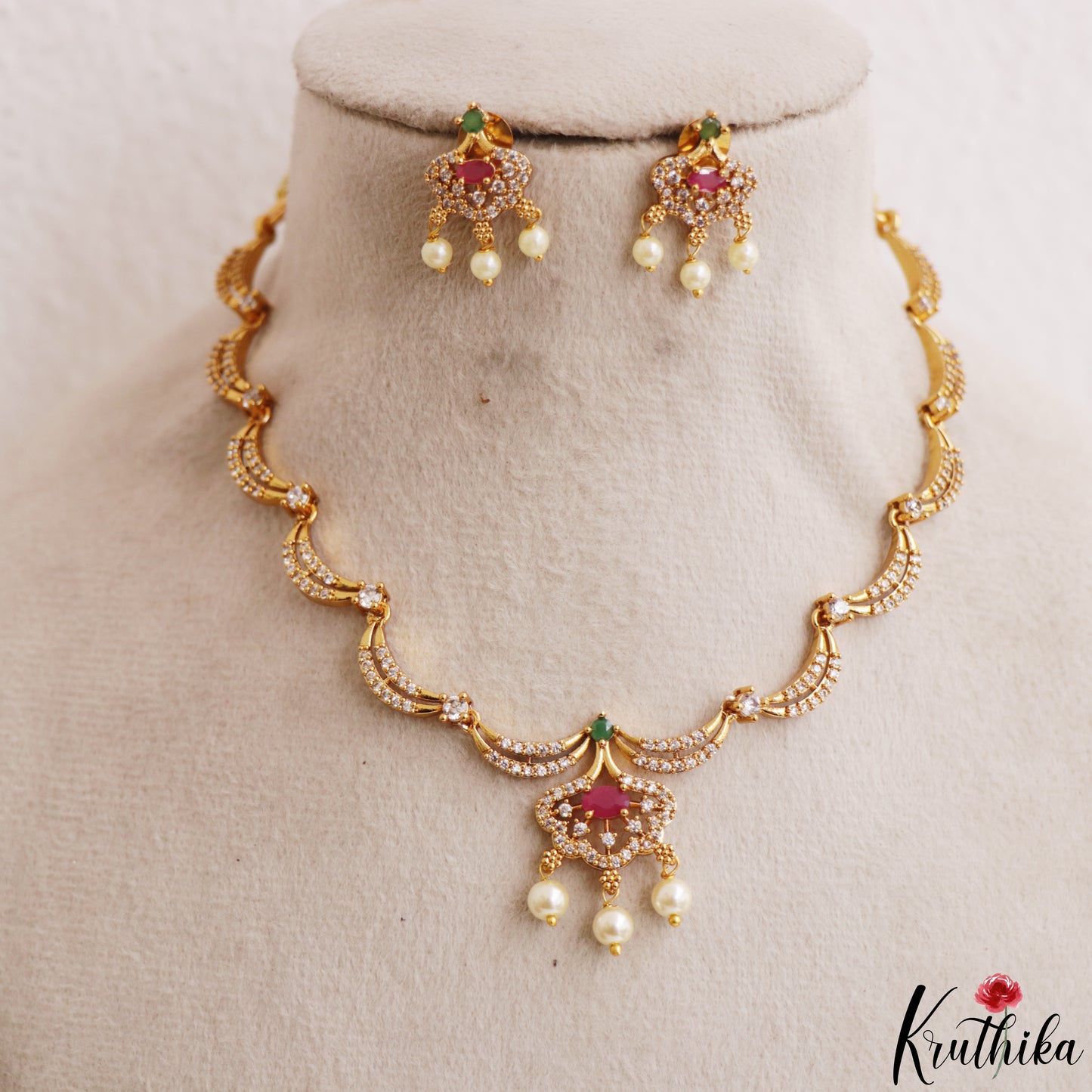 Elegant Floral Motifs CZ Victorian Necklace With Pearl Drops  NC3235 (Available In 4 Colors)