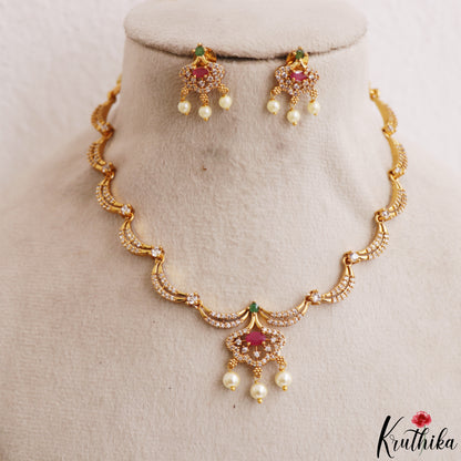 Elegant Floral Motifs CZ Victorian Necklace With Pearl Drops  NC3235 (Available In 4 Colors)
