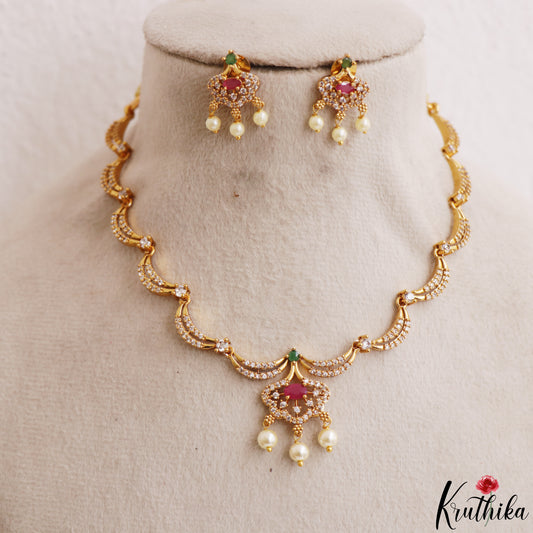 Elegant Floral Motifs CZ Victorian Necklace With Pearl Drops  NC3235 (Available In 4 Colors)