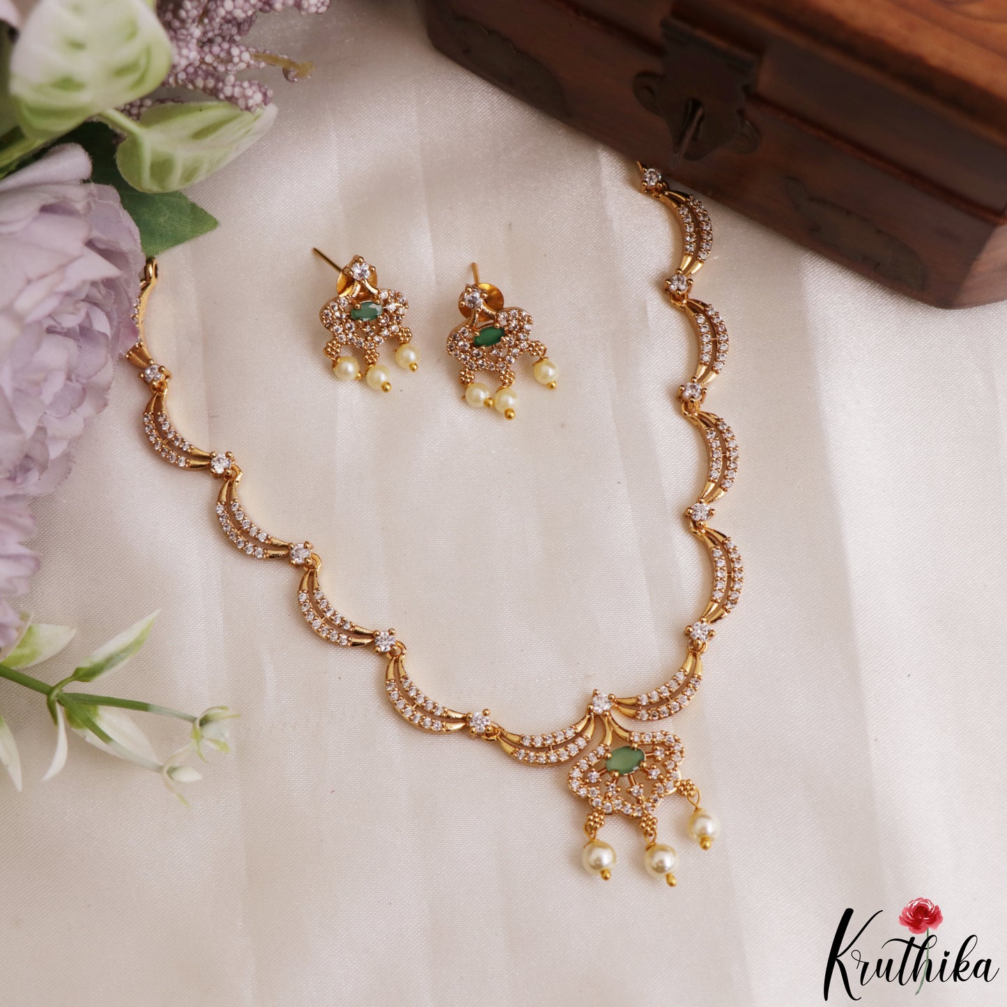 Elegant Floral Motifs CZ Victorian Necklace With Pearl Drops  NC3235 (Available In 4 Colors)