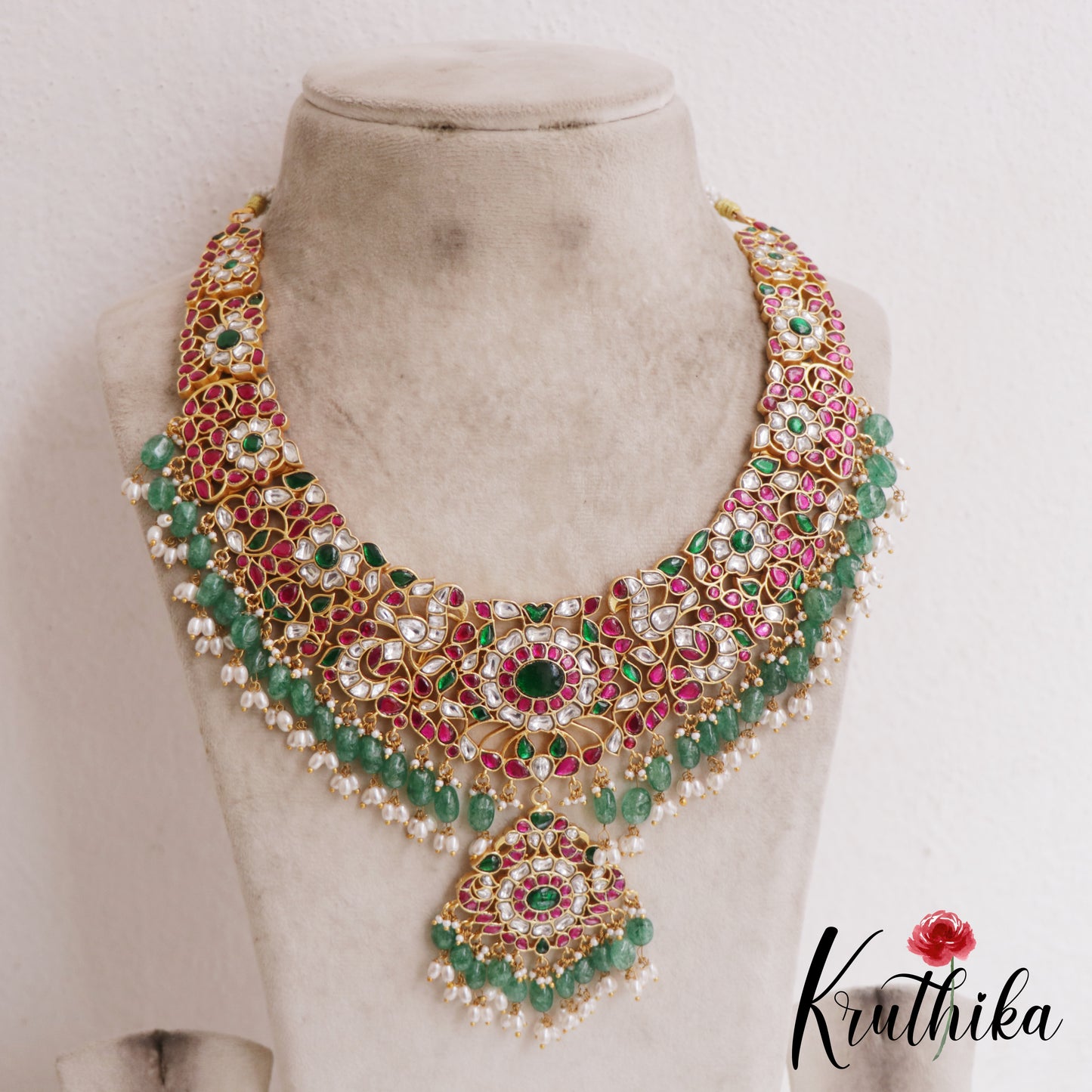 Gorgeous Floral Peacock Motifs Guttapoosalu Jadau Necklace With Green Bead Drops NC2885