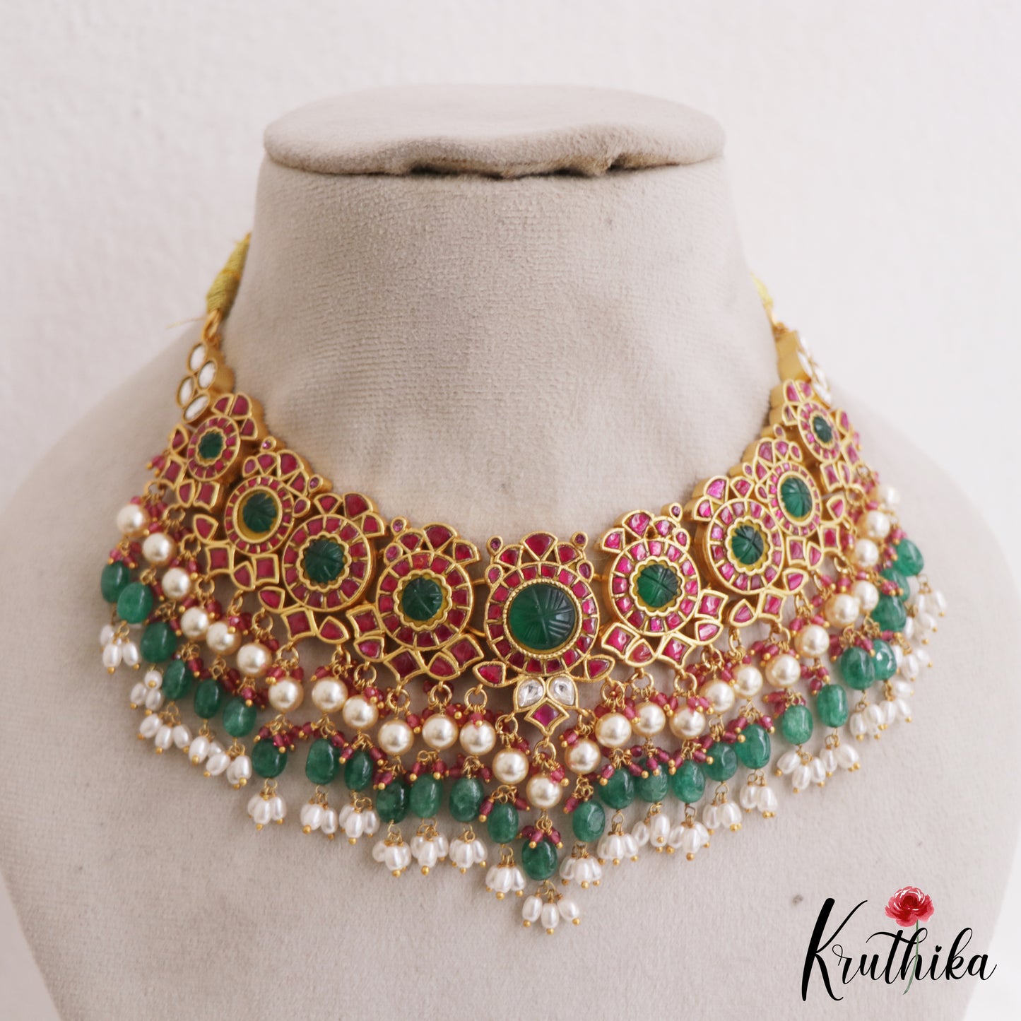Gorgeous Floral Peacock Jadau Choker With Green Bead Drops NC2758