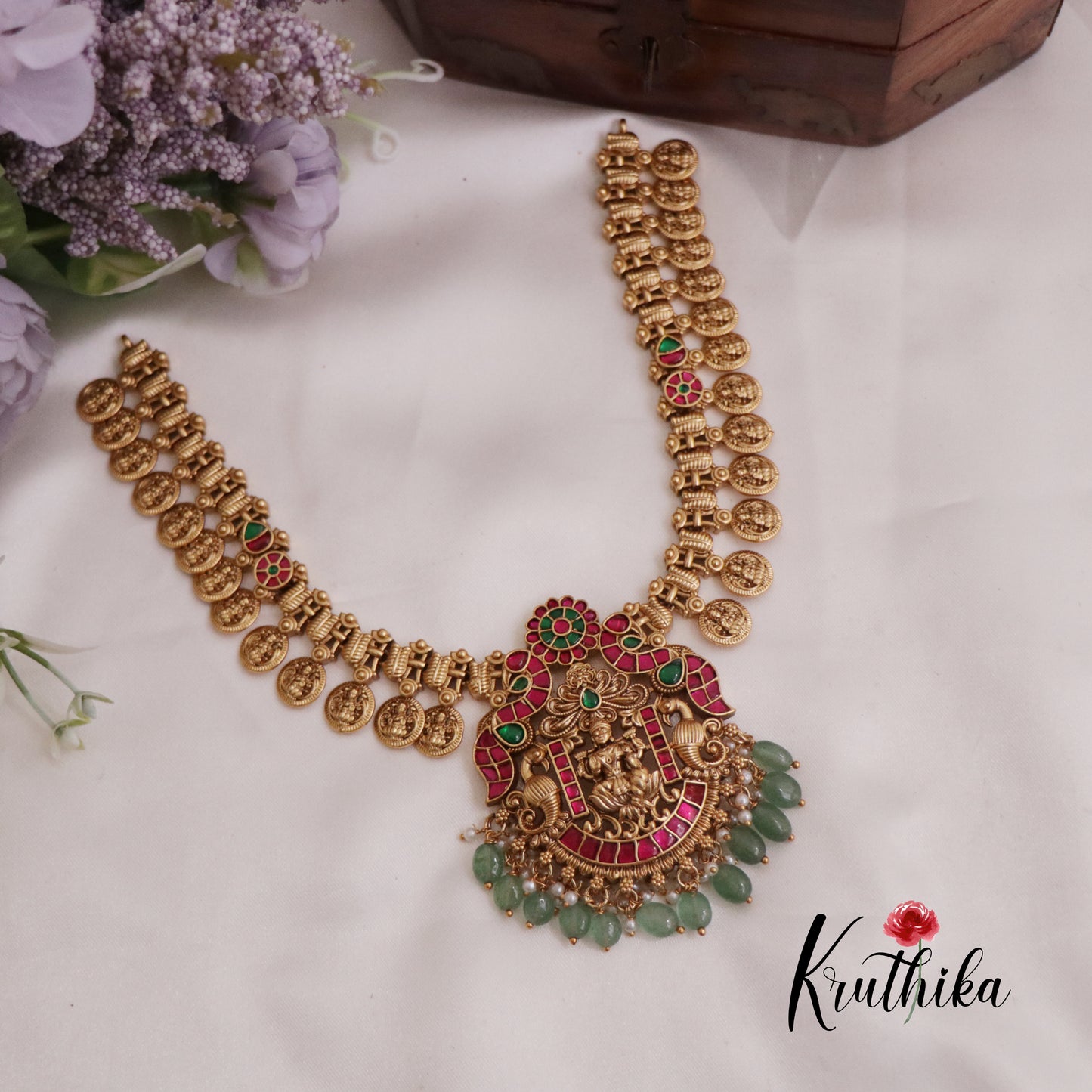 Beautiful Temple Lakshmi Jadau Kasu Necklace with Pastel Green Beads Drops NC2357 (Available in 2 Colours)