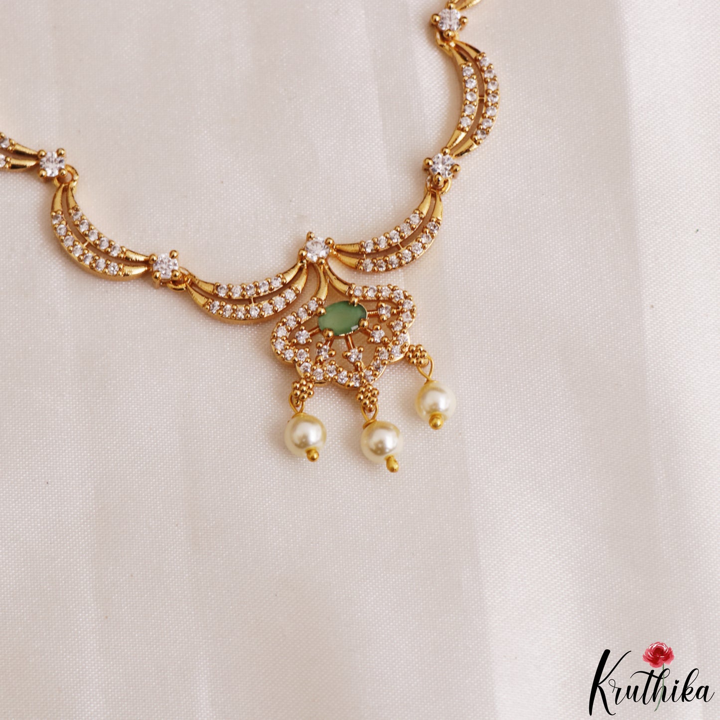 Elegant Floral Motifs CZ Victorian Necklace With Pearl Drops  NC3235 (Available In 4 Colors)