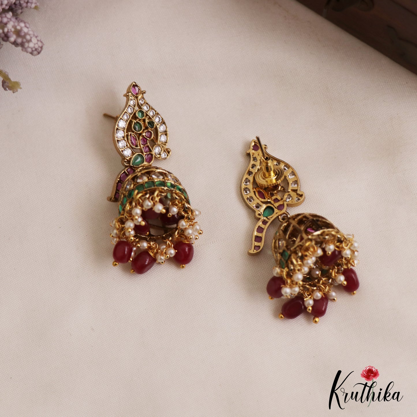 Elegant Peacock Motifs Kemp Jhumkas With Pearl Bead Drops E1128 (Available In 2 Colors)