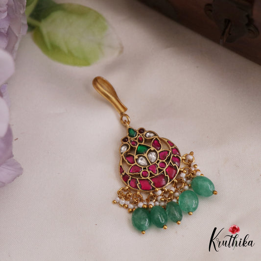 Trendy Floral Motifs Jadau Maang Tikka With Green Bead Drops MT363