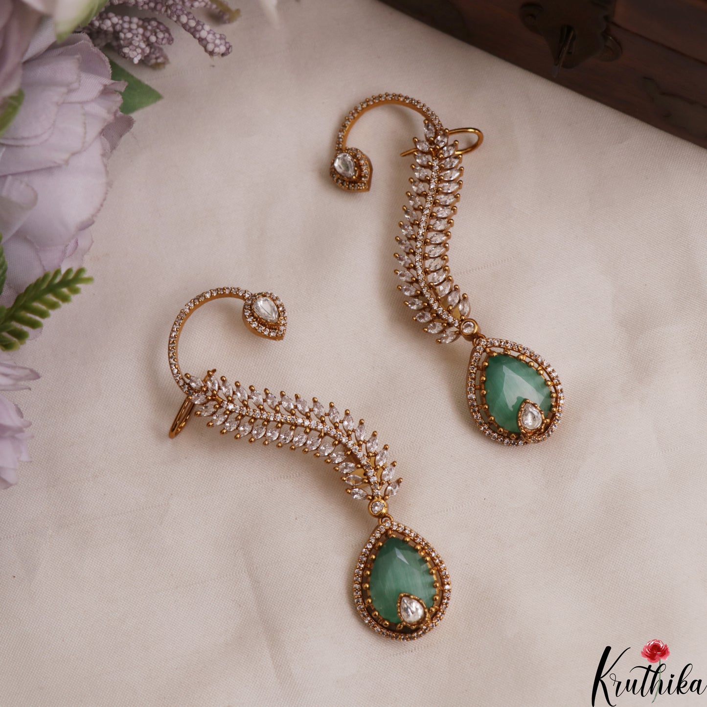 Gorgeous Leaf Teardrop Motifs CZ Victorian Ear Cuff E1138 (Available In 8 Colors)