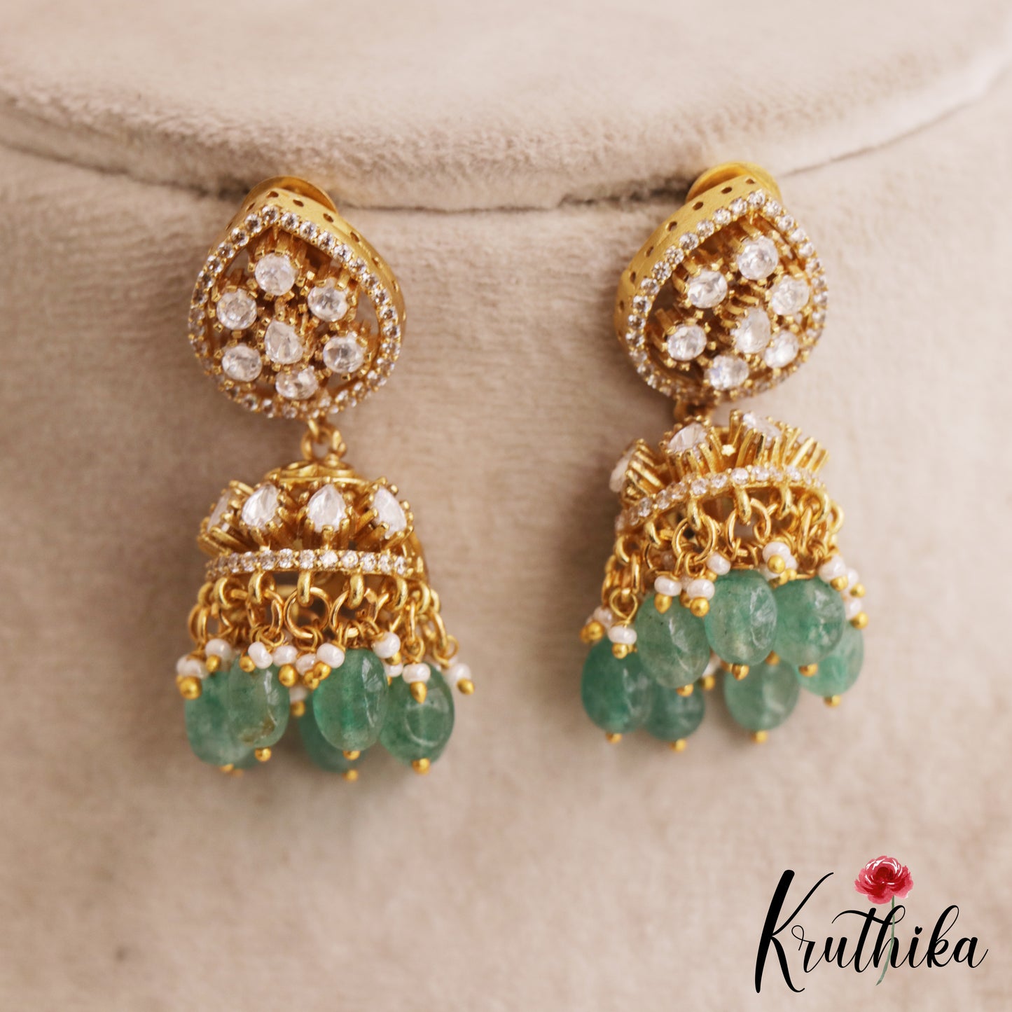 Stunning Teardrop Motifs AD Jhumka With Green Bead Drops E1035
