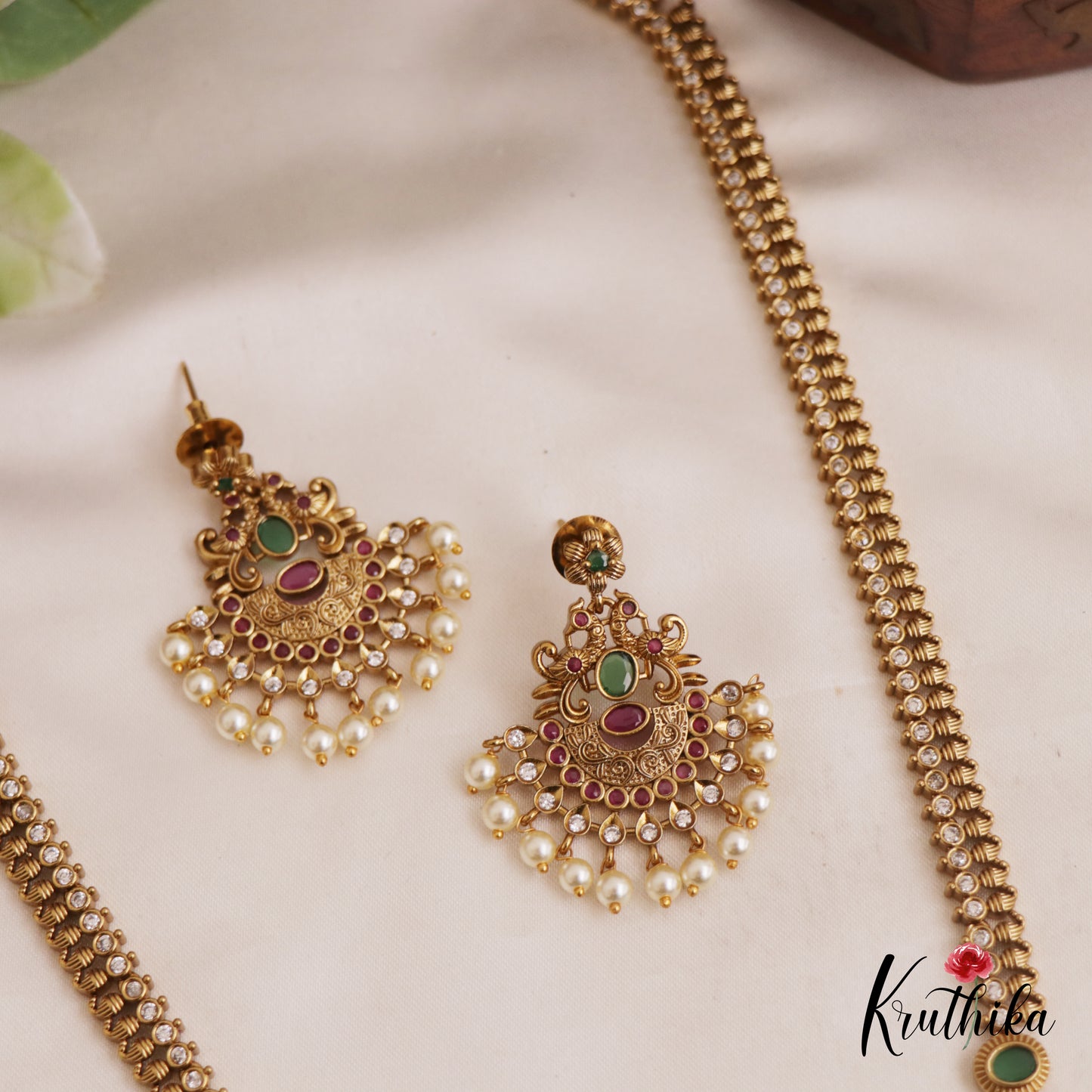 Beautiful Antique Peacock Mango Motifs Kemp Haaram With Pearl Drops LH2053