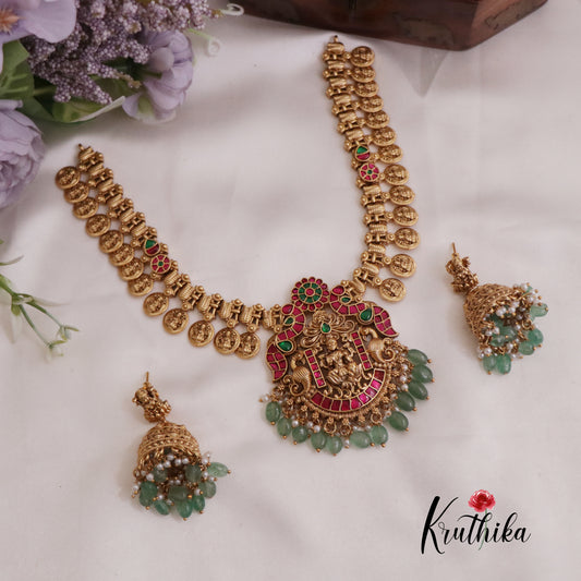 Beautiful Temple Lakshmi Jadau Kasu Necklace with Pastel Green Beads Drops NC2357 (Available in 2 Colours)