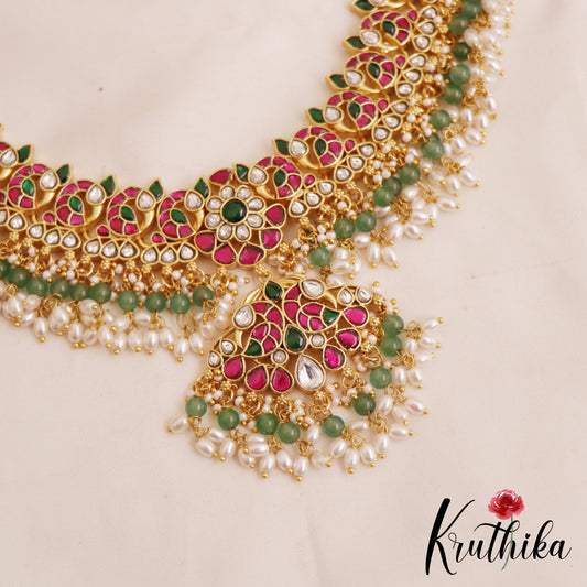 Premium Peacock Floral Motifs Guttapoosalu Jadau Choker With Green Bead Drops NC2886
