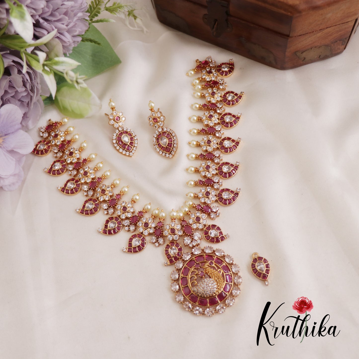 Traditional Mango Floral Jadau Necklace With Interchangeable Pendant NC2609 (Available In 2 Colors)