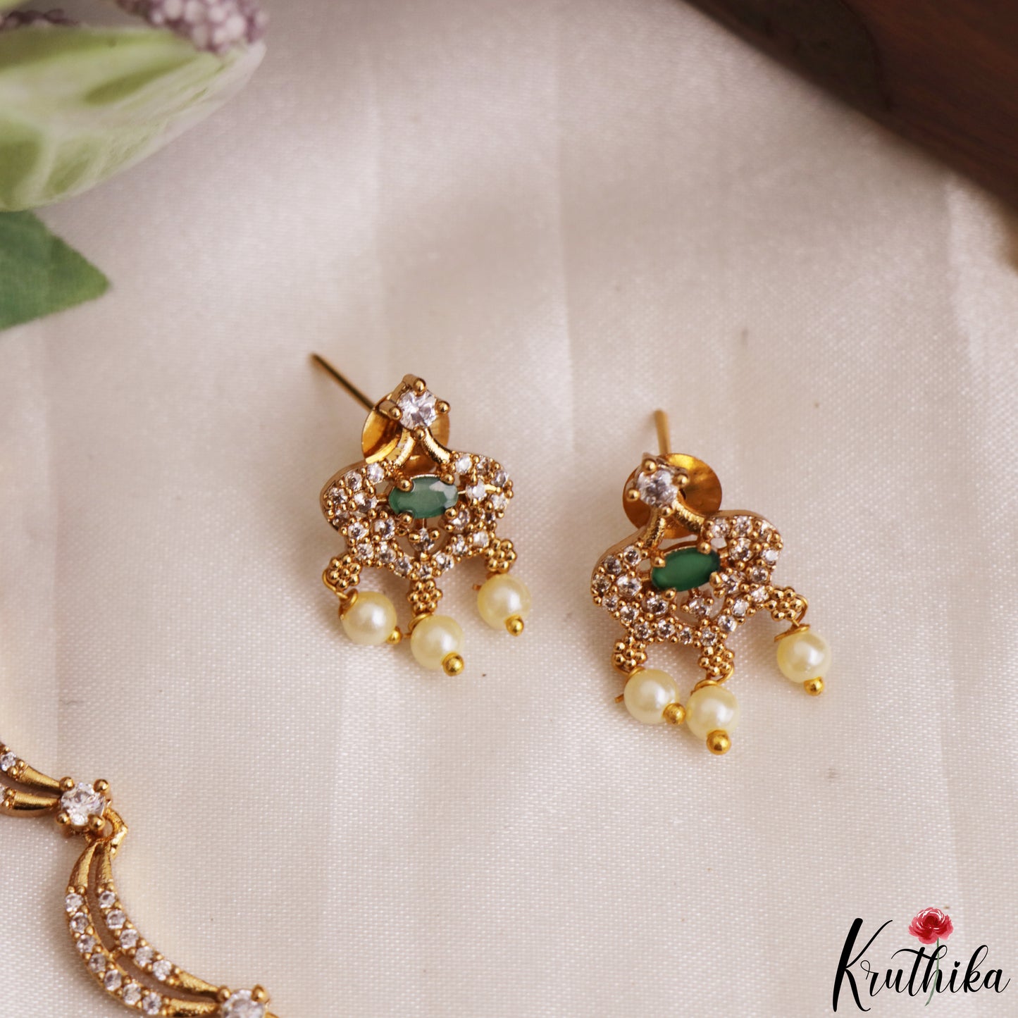 Elegant Floral Motifs CZ Victorian Necklace With Pearl Drops  NC3235 (Available In 4 Colors)