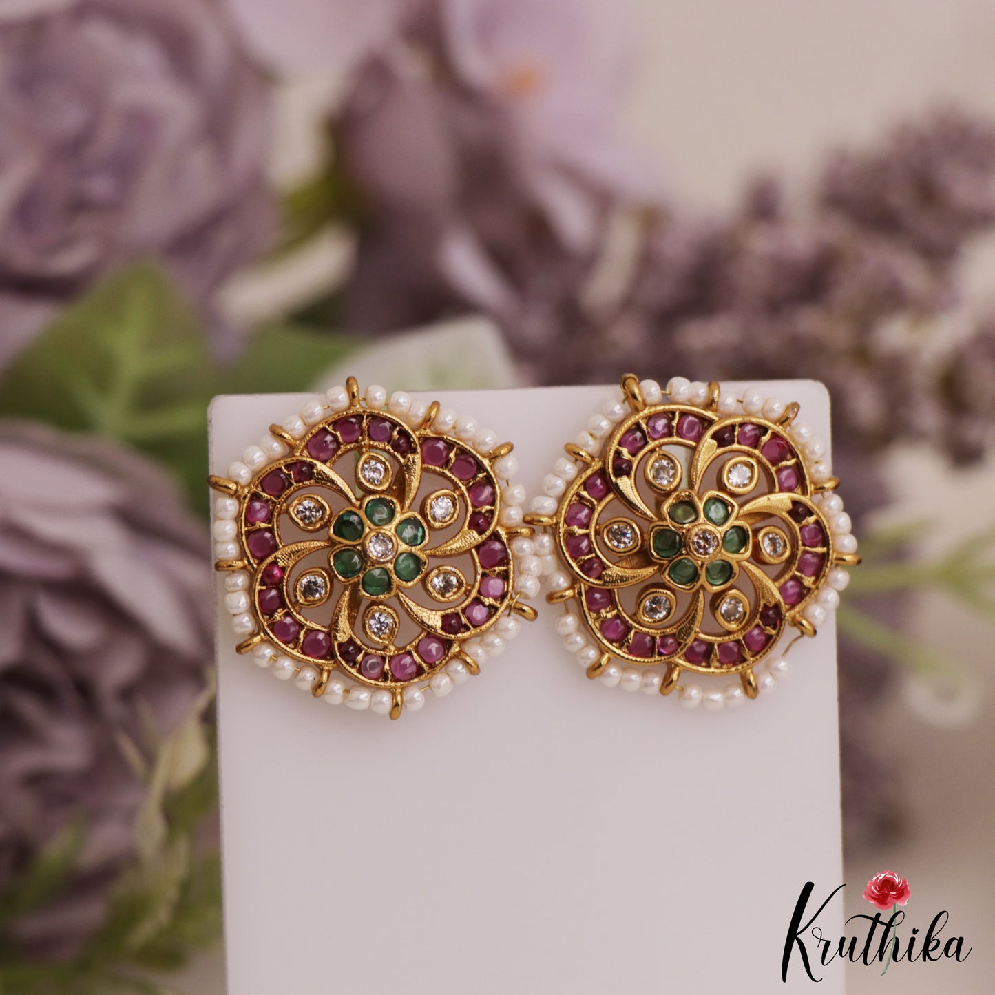 Pretty Pearl Border Floral Motifs Stud Earrings E1067 (Available In 3 Colors)