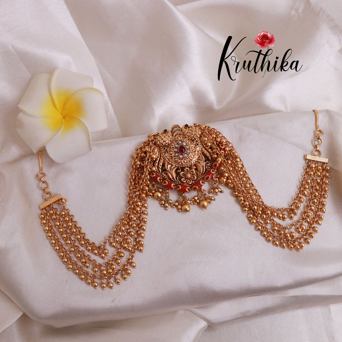 Premium  peacock coral Jada billa with Golden beads Earchains J82