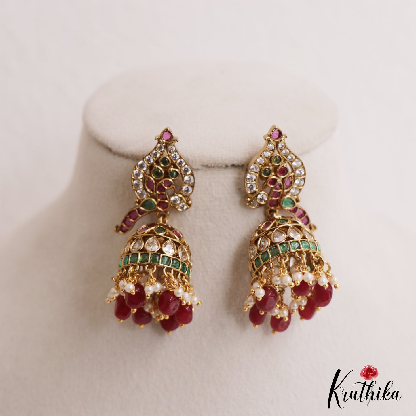 Elegant Peacock Motifs Kemp Jhumkas With Pearl Bead Drops E1128 (Available In 2 Colors)