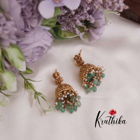 Beautiful Temple Lakshmi Jadau Kasu Necklace with Pastel Green Beads Drops NC2357 (Available in 2 Colours)