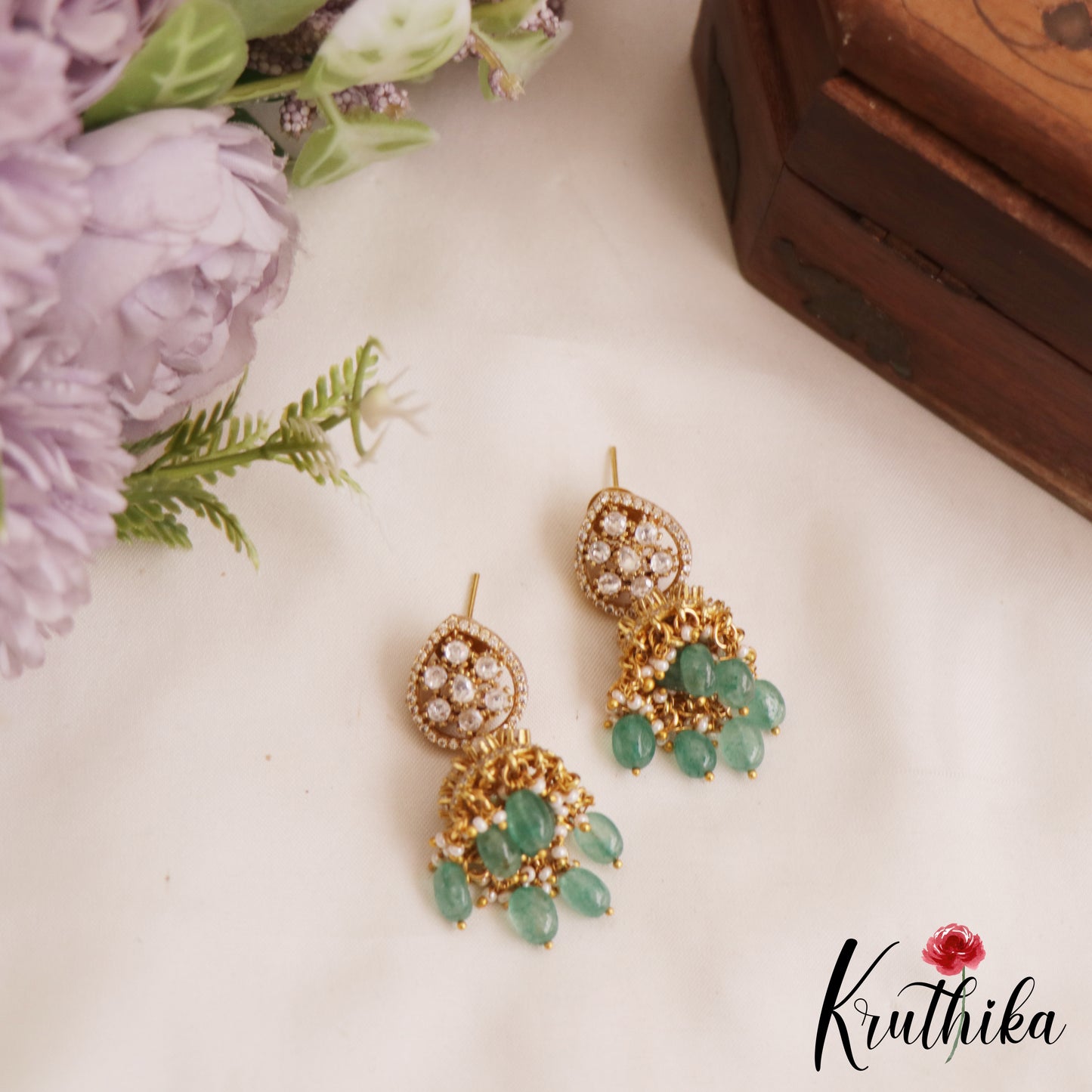 Stunning Teardrop Motifs AD Jhumka With Green Bead Drops E1035
